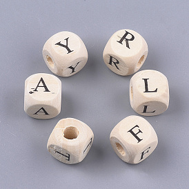 Perles en bois naturel, trou horizontal, non teint, cube avec la lettre