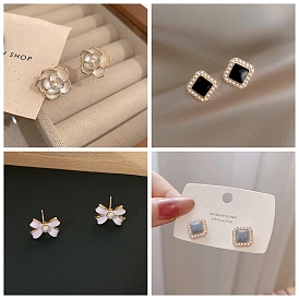 Alloy Enamel Earrings for Women, with Imitation Pearl Beads and 925 Sterling Silver Pin