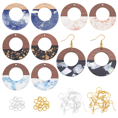Earring Making Kits, Including Resin & Walnut Wood Pendants, Brass Earring Hooks, Brass Jump Rings, with Shell Chips, Donut