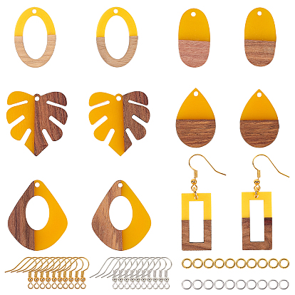 Kits de fabricación de pendientes colgantes de bricolaje, incluyendo colgantes de resina y madera de nogal, Ganchos del pendientes de latón, anillos de cobre amarillo del salto, formas mixtas