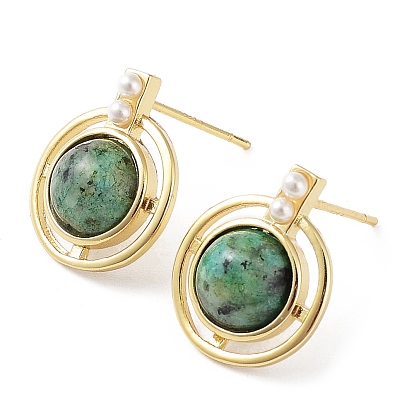 Dyed Synthetic & Natural Mixed Gemstone Half Round Dangle Stud Earrings, Real 18K Gold Plated Brass Earrings, Cadmium Free & Lead Free