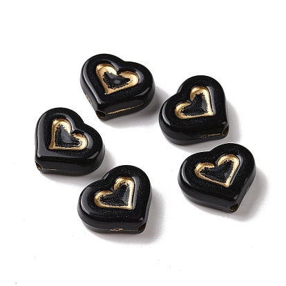 Opaque Acrylic Beads, Golden Metal Enlaced, Heart