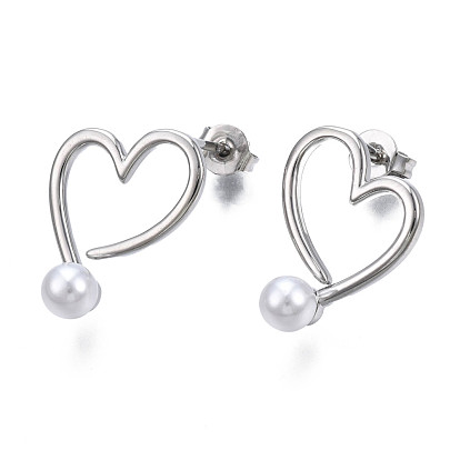 Brass Open Heart Stud Earrings with ABS Plastic Pearl for Women, Nickel Free