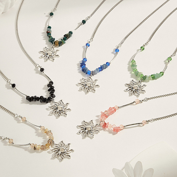 Ожерелья в стиле бохо с подвеской в виде солнца и драгоценными камнями, платина