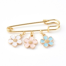 Brass Safety Brooch, with Alloy Enamel Flower Pendants, Colorful