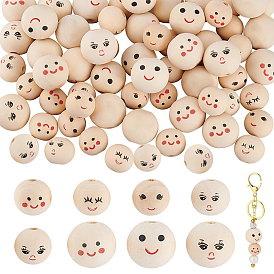 64шт 8 стили деревянные европейские бусины с принтом, Круглая бусина с большим отверстием и рисунком улыбающегося лица, неокрашенными
