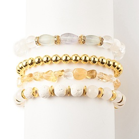 4Pcs 4 Style Gemstone & Brass Beaded Stretch Bracelets Set with Crystal Rhinestone for Women
