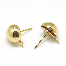 Brass Stud Earring Findings, with Loop, Half Round, Real 18K Gold Plated