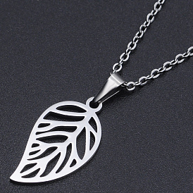 201 Stainless Steel Pendants Necklaces, with Cable Chains and Lobster Claw Clasps, Leaf