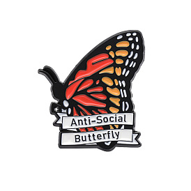 Butterfly with Word Anti-Social Safety Brooch Pin, Alloy Enamel Badge for Suit Shirt Collar, Women