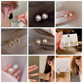 Boucles d'oreilles en perles d'imitation, boucles d'oreilles en alliage de strass pour femmes, 925 épingles en argent sterling