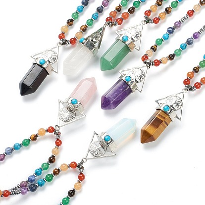 Chakra Jewelry, Faceted Bullet Gemstone Pendant Necklaces, with Platinum Plated Alloy Findings