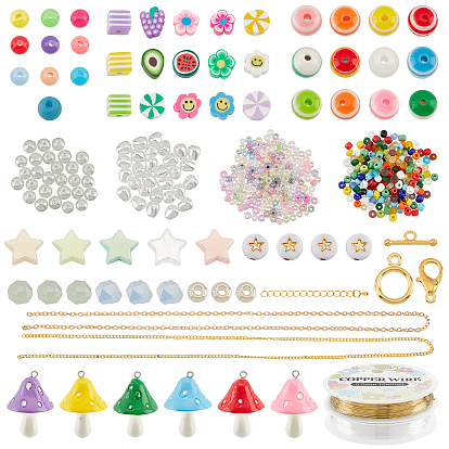 Kit de fabrication de colliers et bracelets de couleur bonbon à faire soi-même, y compris les pendentifs champignons en résine, rond & fleur & fruit argile polymère & résine & acrylique & perles de verre, fabrication de collier de chaîne de fer