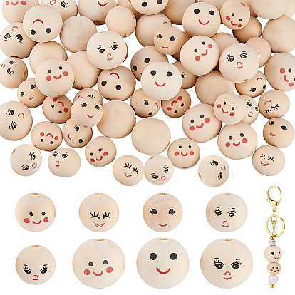 64шт 8 стили деревянные европейские бусины с принтом, Круглая бусина с большим отверстием и рисунком улыбающегося лица, неокрашенными