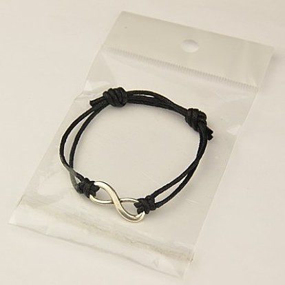 Alloy Infinity Multi-strand Bracelets, with Waxed Cotton Cord, Adjustable Diameter: 40~65mm