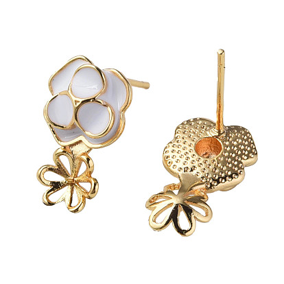 Brass Stud Earring Findings, with White Enamel and 925 Sterling Silver Pins, for Half Drilled Bead, Nickel Free, Flower