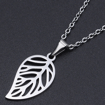 201 Stainless Steel Pendants Necklaces, with Cable Chains and Lobster Claw Clasps, Leaf