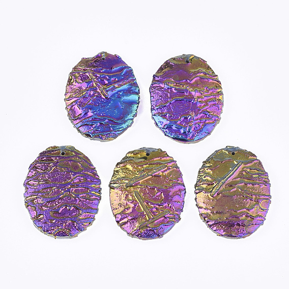 Electroplated  Natural Dragon Blood Jasper Pendants, Rainbow Plated, Oval