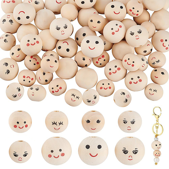 64шт 8 стили деревянные европейские бусины с принтом, Круглая бусина с большим отверстием и рисунком улыбающегося лица, неокрашенными
