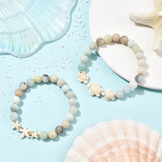 2Pcs 2 Styles Ocean Starfish Turtle Synthetic Turquoise & Round Natural Flower Amazonite Stretch Beaded Bracelet Sets, Golden