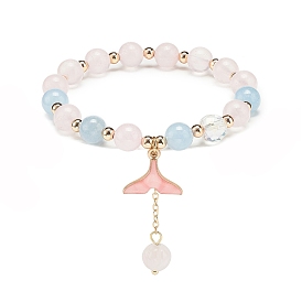 Natural Rose Quartz & Quartz(Dyed) & Quartz Crystal Round Beaded Stretch Bracelet, Alloy Enamel Whale Tail Shape Tassel Charm Bracelet for Women