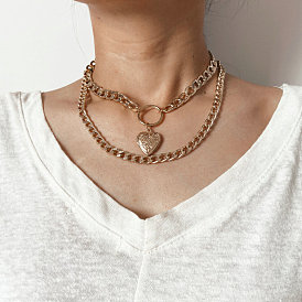 Retro Heart Pendant Necklace with Double-layered Chain and Creative Alloy Link - 15 Words or Less