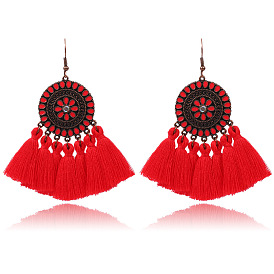 Vintage Tassel Earrings with Flower Pattern, Rhinestone and Oil Drop Dangle Ear Drops for Fashionable and Versatile European-American Style Jewelry