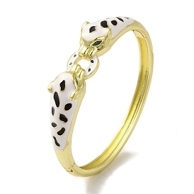Brass Pave Green Cubic Zirconia Leopard Hinged Bangle for Women, with Black & White Enamel