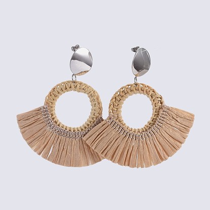 Caña de mimbre hecha a mano / pendientes de ratán tejidos, con ribete de flecos de borla de papel, 304 ganchos de aretes de acero inoxidable y hallazgos de aretes de bronce
