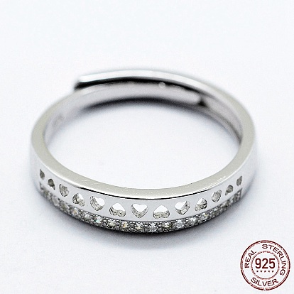 925 Sterling Silver Rings, with Cubic Zirconia, Adjustable, Heart