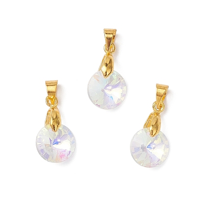 Подвески из цветного стекла ab, плоско-круглые, с латунным прижимных поручительств, граненые