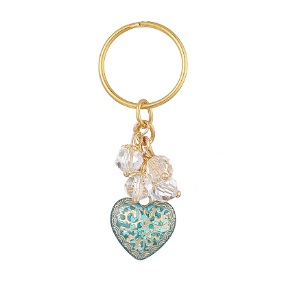 Golden Metal Enlaced Heart Acrylic Pendant Keychain, with Iron Split Key Rings and Glass Charm
