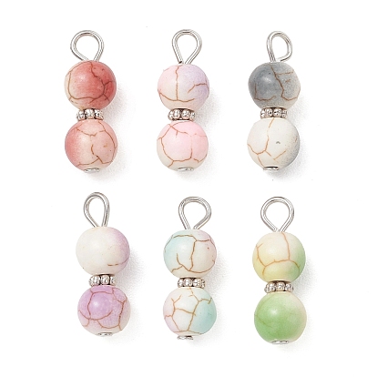 60Pcs 6 Colors Baking Paint Synthetic Turquoise Pendants, Round Beaded Charms with Iron Loops, Platinum