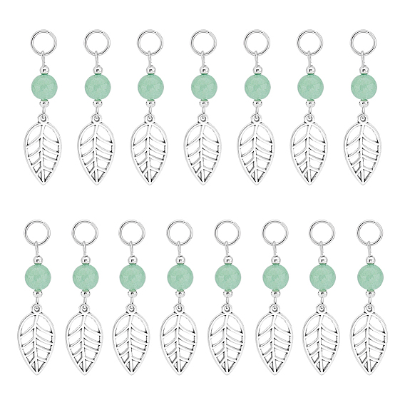 4наборы подвесок из сплава в тибетском стиле с листьями, с бусинами из натурального зеленого авантюрина и 304 кольцами из нержавеющей стали.