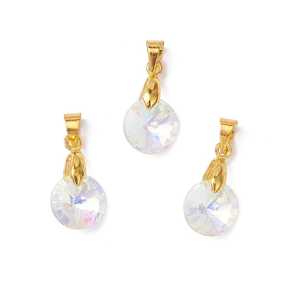 Подвески из цветного стекла ab, плоско-круглые, с латунным прижимных поручительств, граненые