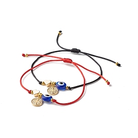 Evil Eye Heart Bead Cord Bracelets Set for Girl Women, Cross Flat Round Charm Adjustable Bracelets