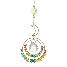 Wire Wrapped Glass & Brass Ring Pendant Decoration, with Round Glass and Moon Brass Charm, for Home Hanging Decoration