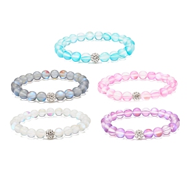 Bracelet extensible perlé rond en pierre de lune synthétique avec strass, bijoux en pierres précieuses pour femmes
