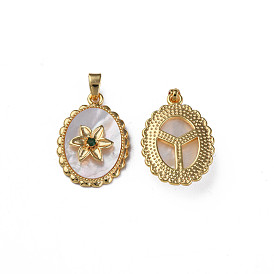 Brass Micro Pave Green Cubic Zirconia Pendants, with Natural Shell, Real 18K Gold Plated, Nickel Free, Oval with Flower