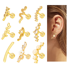 9 Набор сережек для хряща уха из нержавеющей стали с прозрачными фианитами, с белой смоляной жемчужиной, разнообразные