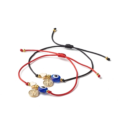 Evil Eye Heart Bead Cord Bracelets Set for Girl Women, Cross Flat Round Charm Adjustable Bracelets