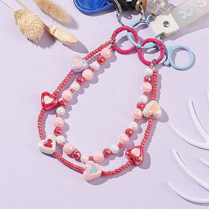 Acrylic Heart Beaded Mobile Straps, Multifunctional Chain, with Alloy Spring Gate Ring and Glass Beads