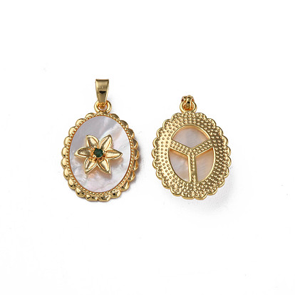 Brass Micro Pave Green Cubic Zirconia Pendants, with Natural Shell, Real 18K Gold Plated, Nickel Free, Oval with Flower