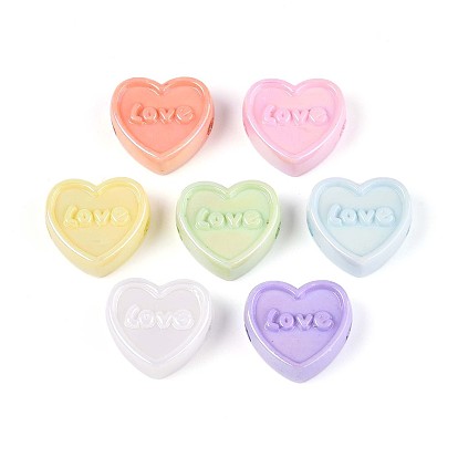 Непрозрачные акриловые бусины с УФ-покрытием, радужный, сердце со словом "love"