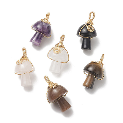 6pcs pendentifs enveloppés de fil de cuivre de pierres précieuses mélangées naturelles, charmes de champignons