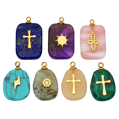 Gemstone Pendants, Rectangle & Oval Charms with Golden Tone Stainless Steel Slice