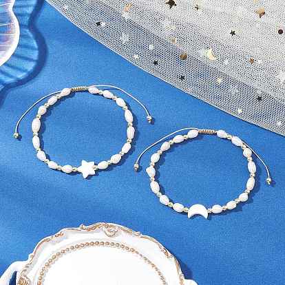 2шт. регулируемые браслеты из плетеной нейлоновой нити, Браслеты из натуральных ракушек и пресноводного жемчуга для женщин, Луна и звезды