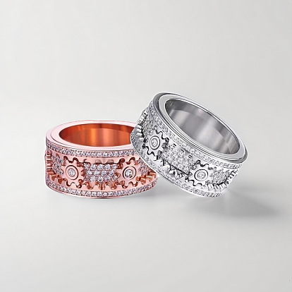 Вращающиеся кольца для пальцев с зубчатой латунью, микропаве из прозрачного кубического циркония, для успокаивающей медитации