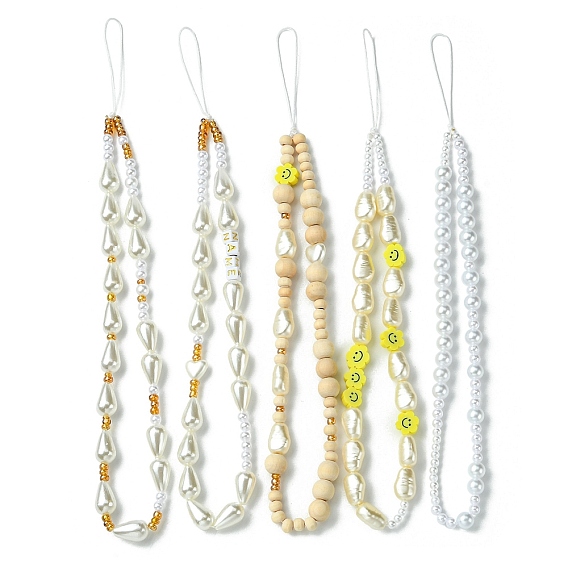 1 набор ремешков для мобильного телефона из пластика ABS с имитацией жемчуга, дерева и полимерной глины, украшение мобильных аксессуаров из нейлонового шнура, круглый и каплевидный и цветок