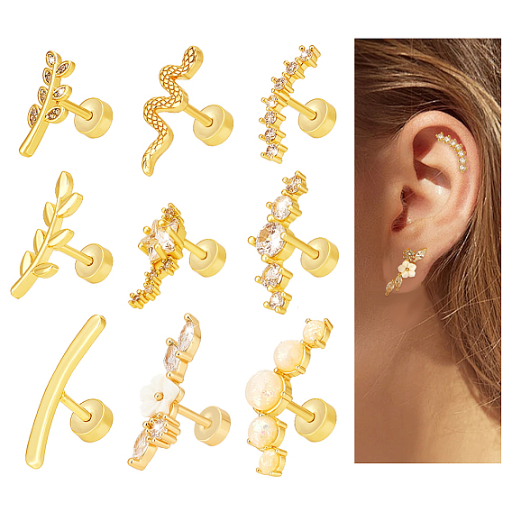 9 Набор сережек для хряща уха из нержавеющей стали с прозрачными фианитами, с белой смоляной жемчужиной, разнообразные